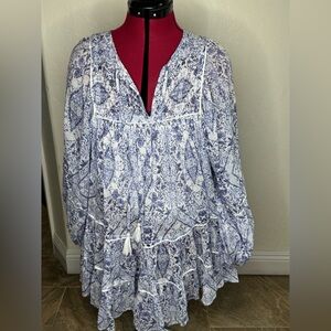 Oliveaceous Blue White Floral Boho Peasant Dress Women’s Small